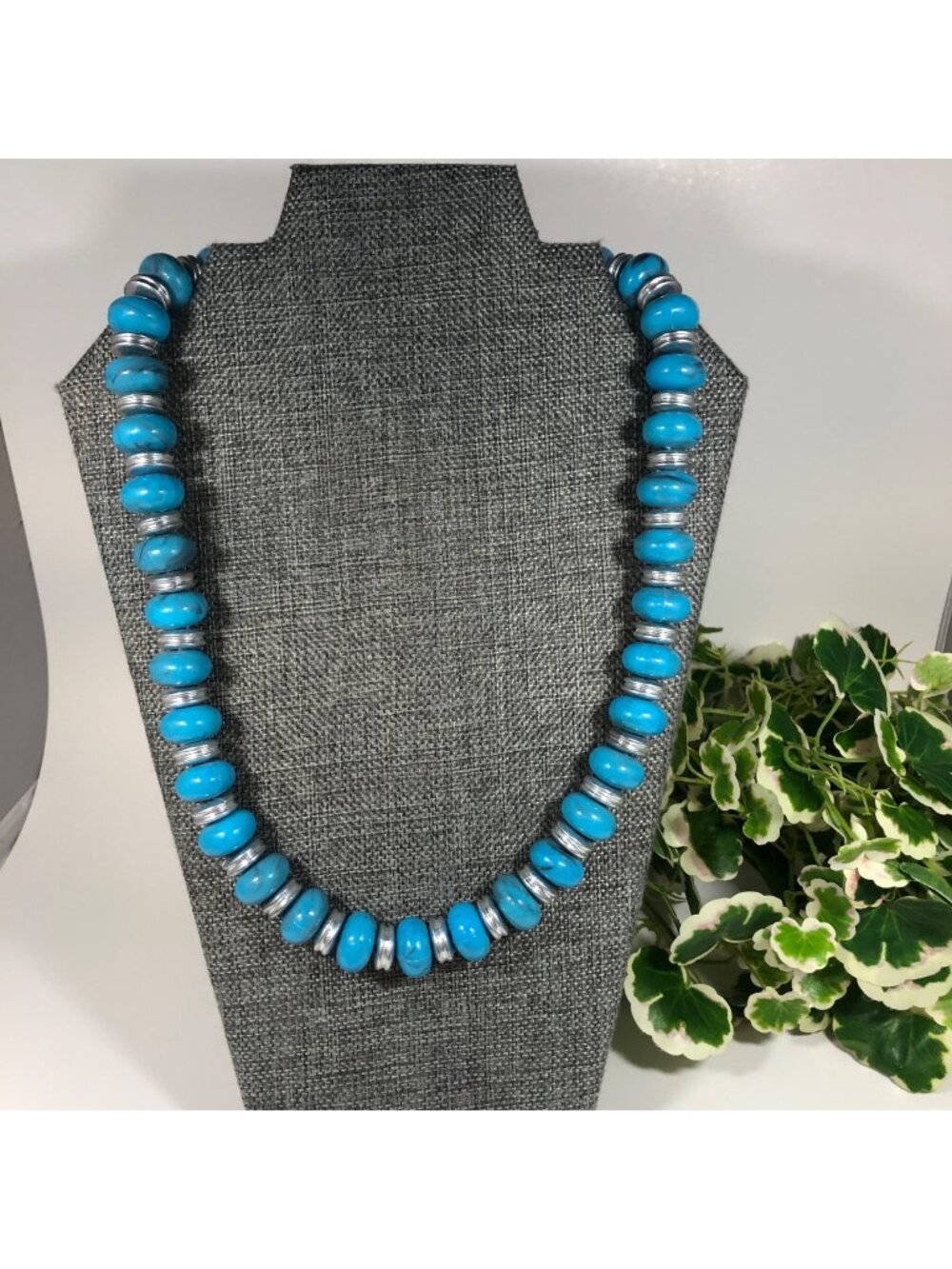 Faux Turquoise Beaded Necklace Chunky Blue Statement Silver Tone Spacer Jewelry